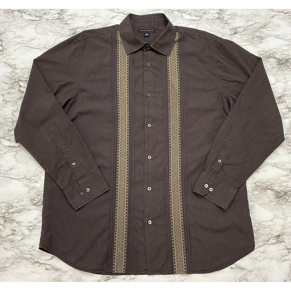 Banana Republic Mens Shirt Size XL Brown Striped Beige Appliques Long‎ Sleeve